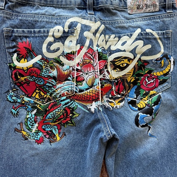Ed Hardy Baggy Jeans Light Wash Sz 30 Full Print Back Side Y2K 90s Vibes, Rare - Picture 3 of 12